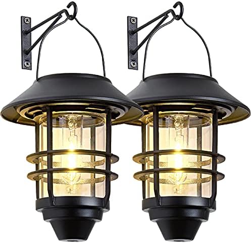 Solar Lantern Outdoor Lights, Hanging Wireless Waterproof Lantern Lights with Wall Mount Kit for Garden Porch Fence 2 Pack