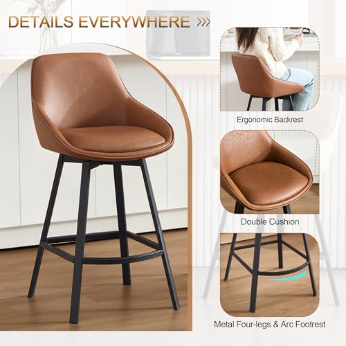 Image of Zesthouse Swivel Counter Height Stools Set of 2, Modern Upholstered Barstools with Backs, 26'' Faux Leather High Chairs for Island Kitchen, Counter Height Chairs with Metal Legs, Brownish-Orange
