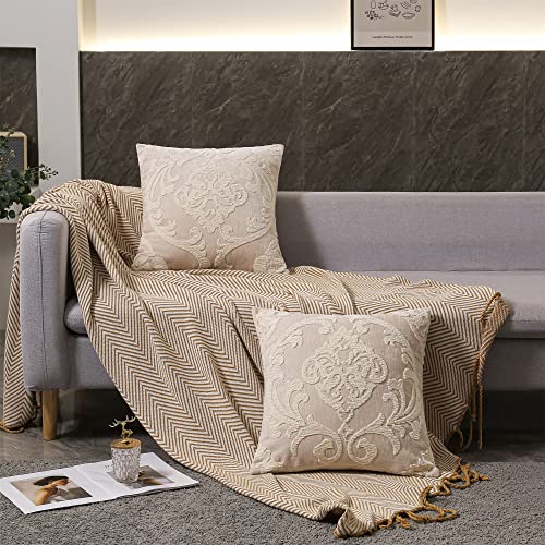Hpuk Embroidered Boho Throw Pillow Covers 18X18 Inch, Set Of 2 Emroidery Accent Couch Pillows For Living Room, Bedroom, Sofa, Chair, Beige #TOP2