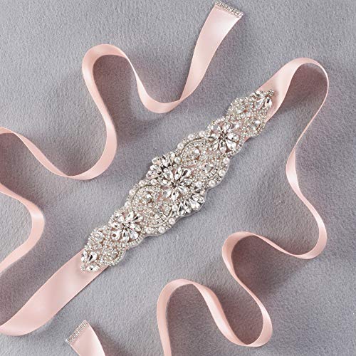Yanstar Blush Sash Crystal Applique Wedding Bridal Belts In Silver With Pearls Beaded On Wedding Prom Dress-7.7In2In