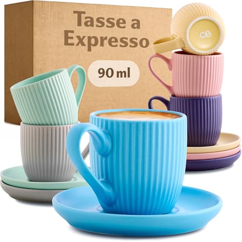 Cosumy Tasse à Café Expresso avec Anse - 6 Tasses 90ml avec Soucoupes - Motif Unique à rayures - Céramique Couleur Pastelle Mate - Lavable en lave-vaisselle