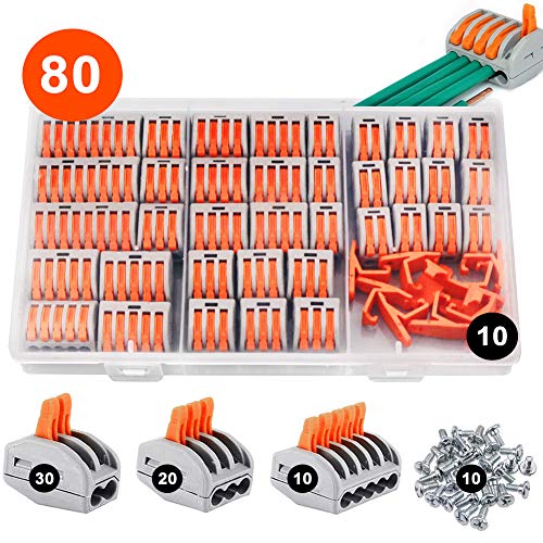 Morsetti Elettrici 70 pcs, impermeabile Capicorda a Morsetto a Leva Connettore cavo elettrico Kit di morsettiere con supporto fisso, Misti Morsetto Collegamenti Elettrici Splitter 2/3/5 poli