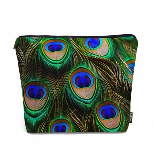 Kalygon Peacock Feather Cosmetic Travel Bag For Toiletries, Tropical Peacock Feathers Makeup Bag Toiletry Bags For Women, Flax Cosmetic Bags Make Up Bag Purse Toiletries Bag, Green Turquoise