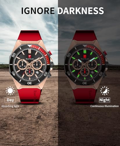Image of TEARTRACE Watches for Men Luxury Quartz Chronograph 3ATM Waterproof Sport Wrist Watches Multifunctional with Silicone Strap Casual Mens Watches, Red, Sporty
