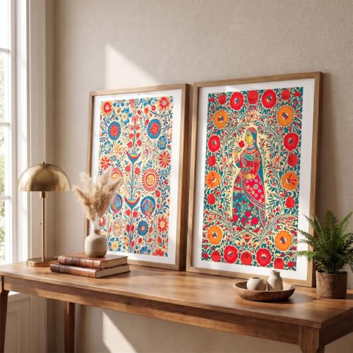 Image of kotart Premium Madhubani Folk Art Wall Art Set of 2 | Traditional Indian Woman & Floral Pattern Painting | MDF Wooden Framed Home Decor (3, 14x20 Inch)