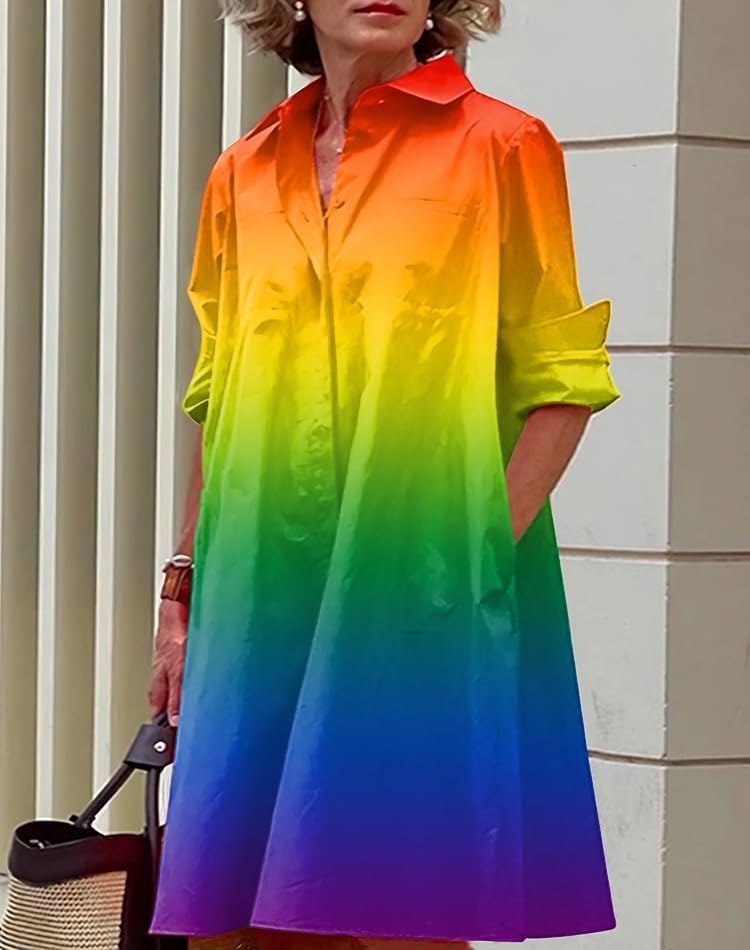 Womens 2025 Long Sleeve Button Down Shirt Summer Dress Casual V Neck Loose Fit Midi Shirt Dresses with Pockets - Image 2