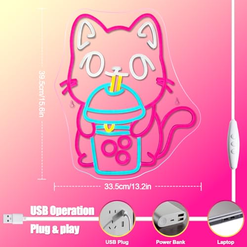 Image of Cat Boba Tea Neon Sign,Cute Pink Kitty Bubble Tea Neon Signs for Wall Decor,Dimmable LED Neon Light Bar Sign,USB Light Up Signs for Kids Bedroom Dimsum Store Cofes Bar Milk Tea Shop