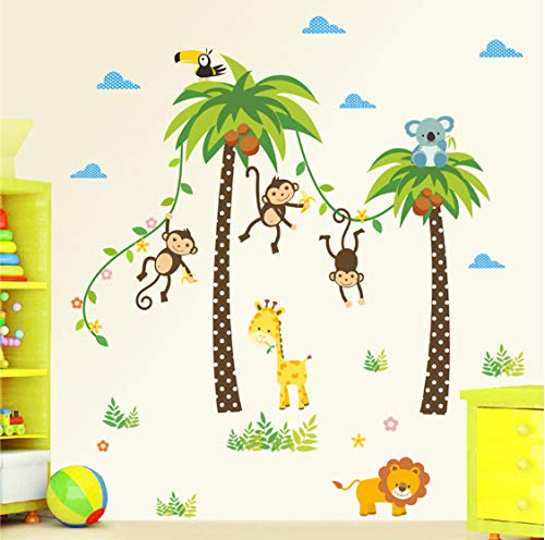 Jirafa León Mono Palmera Bosque Animales Pegatinas De Pared Para Habitación De Niños Niños Dormitorio Tatuajes De Pared Decoración Infantil Cartel Mural Cover