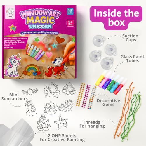 Image of Storio Window Art Magic Unicorn Set | DIY Unicorn Sun Catcher Kit with Glass Paints & Decorative Gems | Art and Craft Kit