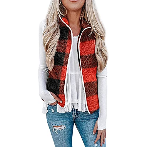 Yutanral Winter Coats For Women,Sleeveless Zip Up High Collar Shaggy Fleece Plaid Vest Jackets Womens Casual Warm Cozy T Fashion Graphic Cardigan Sweaters Outwear With Pockets(A Red,X-Large) #TOP15