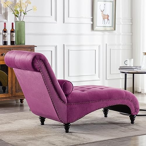 ONPNO Tufted Velvet Chaise Lounge Indoor, Leisure Accent Chair Upholstered Couch with Toss Pillow for Bedrooom Living(Purple)