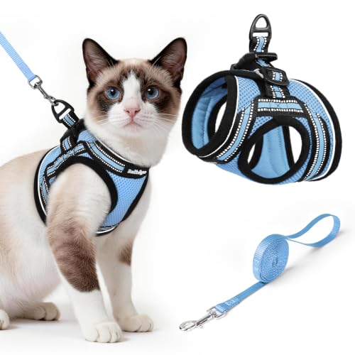 Image of rabbitgoo Cat Harness and Leash Set, Step-in Soft Vest, Light Blue | Escape Proof, Lightweight, Easy-on & Adjustable, Hook & Loop with Buckle, Reflective, for Small Cats Walks, L