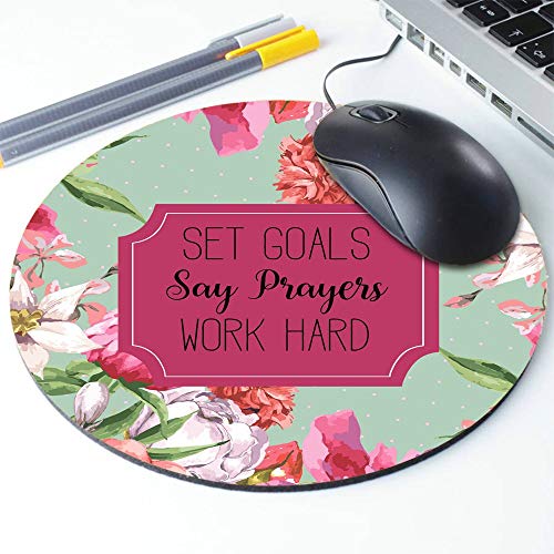 Set Goals Say Prayers Work Hard Floral Mouse Pad - Neoprene Inspirational Quote Mousepad - Round Mouse Pad #TOP2