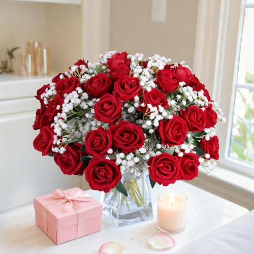 Image of HyeFlora 35 PCS Artificial Red Roses with 15 PCS Fake Baby Breath Realistic Fake Flowers Bouquet with Long Stem for DIY Wedding Party Home Decoration Vase Tables Centerpieces Arrangements Gift for Her