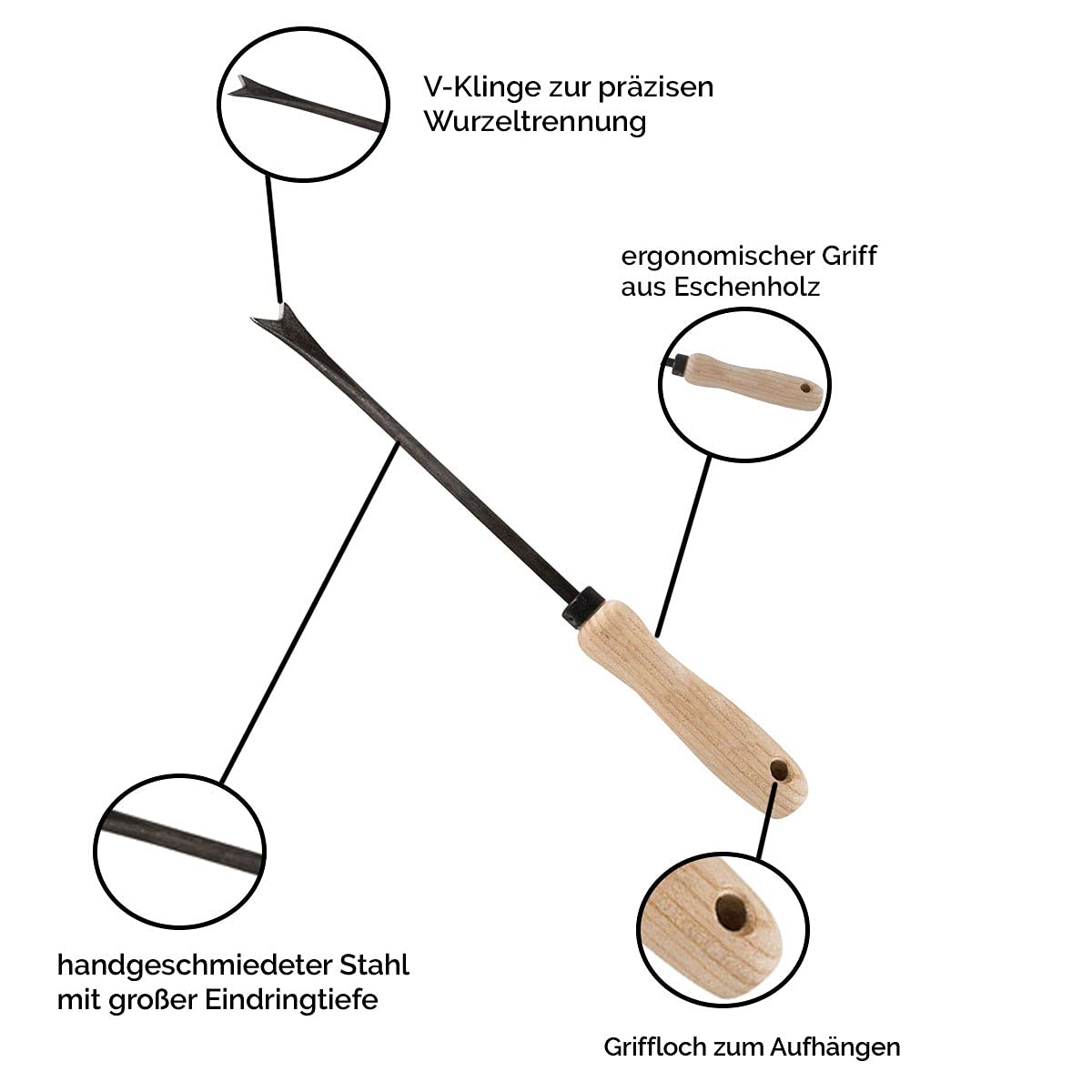 Unkrautstecher mit Eschenholzstiel - aus Qualitätsstahl - Stiellänge: 14 cm, Gewicht: 200 g - Handgeschmiedet in Deutschland