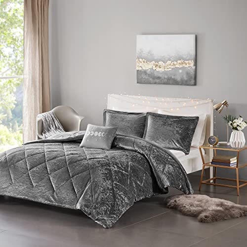 Intelligent Design Felicia Duvet Set Velvet Double Sided Diamond Quilting, Modern Glam,All Season Comforter Cover Bedding Set With Matching Sham,Decorative Pillow, Full/Queen(88"X90"), Grey 4 Piece #TOP2