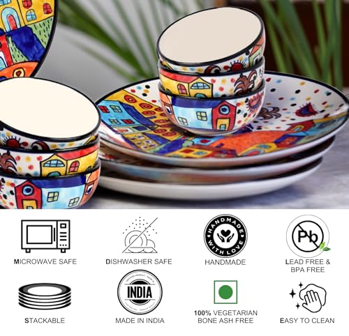 Image of Freakway Hut Family Hand-Painted Glossy Dinner Set Ceramic Stoneware Dinner Set of 12 Pieces | 6 Dinner Plate 10.3 Inch & 6 Serving Bowls 180 Ml | Dishwasher & Microwave Safe - Multicolor, Solid