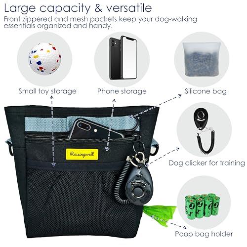 Raisingwell Dog Treat Pouch with Magnetic Closure 4-Cup Silicone Bag Fanny Pack Holder with Clicker 4 Ways to Wear Front Pocket Fits All Phones Ideal for Leash, Pet Walking and Training（Black） by Raisingwell - Image 3