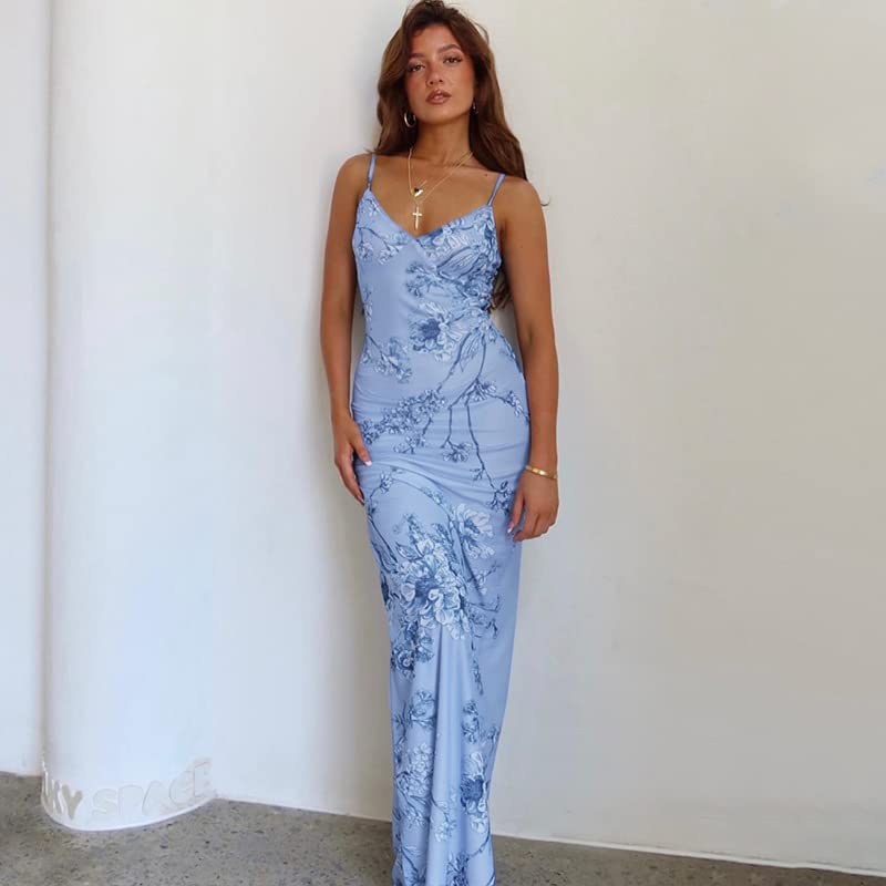 Image of ABINGOO Women Vintage Spaghetti Strap Maxi Dress Sexy Low Cut Backless Floral Satin Slip Long Dress Y2k Cami Bodycon Dresses
