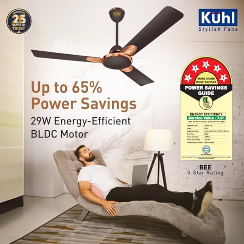 Image of KUHL Brise Star E3-DUO 1200mm BEE 5-Star BLDC Ceiling Fan |29W Energy Saving (Up to 65%) | High Airflow & Low Noise |Remote as well as Regulator Operated| 5 Year Motor Warranty | ISI Marked (Espresso)