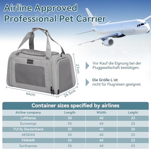 Petsfit Transportbox Katze leicht Hundetasche Flugzeug für Katzen Transporttasche Hundetragetasche,Tragetasche Hund Flugtasche mit Schutzgurt & erweiterbare Matte, S/Grau
