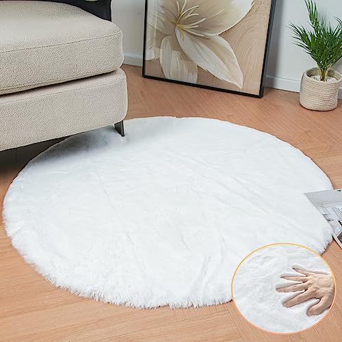 White Faux Fur Round Rug 4ft Fluffy Rabbit Fur Rug Machine Washable Circle Area Rugs for Living Room Bedroom Home Teen Room Nursery Décor