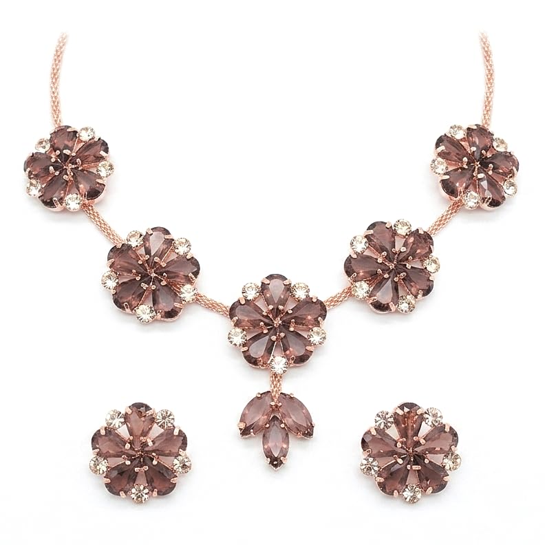Rose Gold Floral Crystal Jewellery Set for Women | Brown Flower Statement Necklace with Matching Earrings | Premium Blossom Design Crystal Necklace Set | Jewellery Collection-picture-19