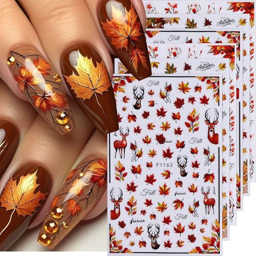 Fall Nail Stickers Maple Leaf Nail Decals 6PCS 3D Self-Adhesive Leaves...