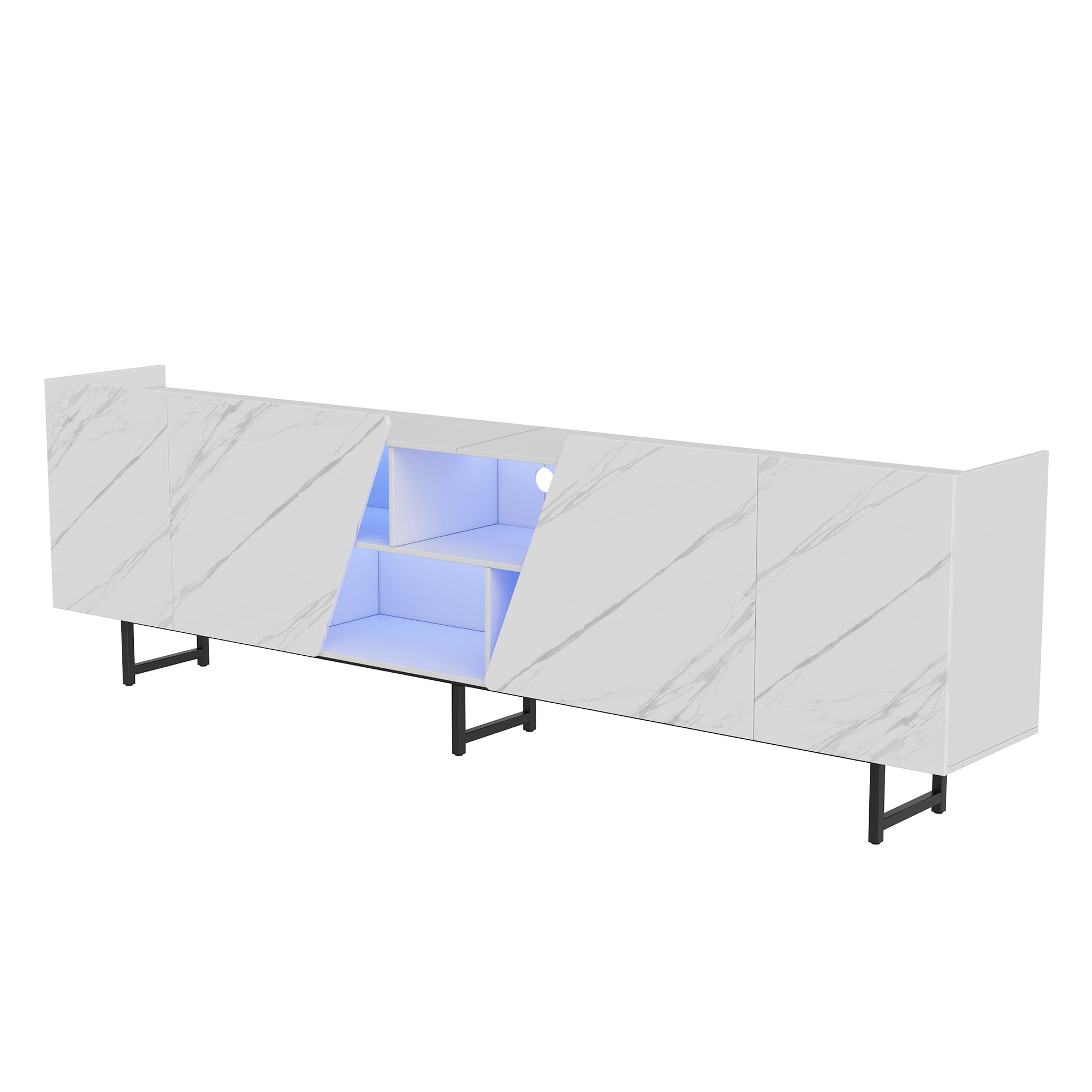 Meuble TV 220 cm avec éclairage LED RGB, Meuble TV Effet marbre avec 4 Portes et étagères Ouvertes, Meuble télévision Moderne avec Pieds en métal pour Salon