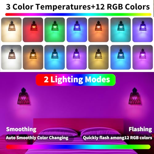 Image of Boho Battery Operated Wall Sconce Set of 2, Brown Rattan Rechargeable Wall Lights with Dimmable Bulbs and Remote,15 Colors Wireless Wall Lamps for Bedroom Living Room Hallway Decor