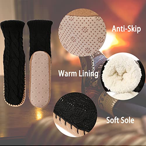 Slipper Socks For Women Grippers, Black Thick Lined Knit Slipper Sock With Sole Non Skid Bottom, Indoor House Fuzzy Slipper Sock For Hospital Floor, Christmas Slipper Socks For Family,Size 7-9 #TOP3