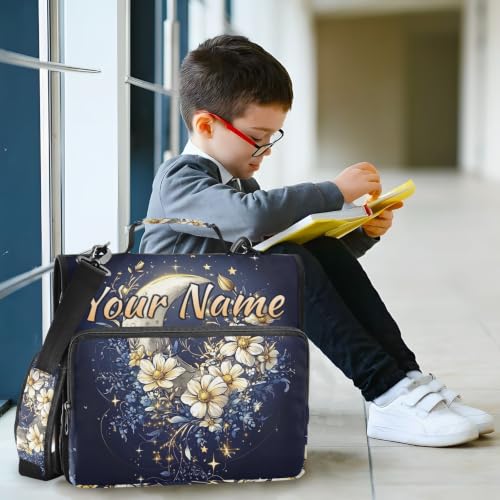 Image of Custom 3 Ring Zipper Binder Astrology Moon Flower Personalized Name 1.5 Inch Binders Large Capacity Multi Pockets for School Office Supplies