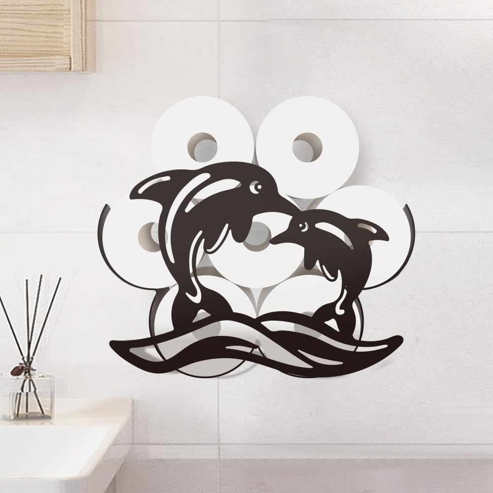 WADORN Porta Carta Igienica A Forma di Delfino, Porta Rotolo di Carta Igienica A Parete con Motivo A Forma di Animale Marino In Metallo, Divertente Porta Rotolo, per 8 rotolo Extra In Bagno