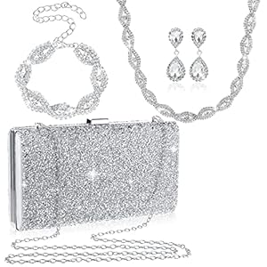 Mixweer 4 Pieces Clutch Purses Bag for Women Evening Rhinestone Jewelry Set Bling Necklace Earrings Bracelets Set for Wedding