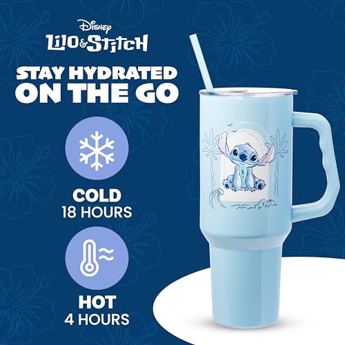 Image of Silver Buffalo Disney Lilo & Stitch Minimalistic Design Ocean & Tropical Stainless Steel Tumbler with Handle and Straw, Fits in Standard Cup Holder, 40 Ounces (Pack of 12)