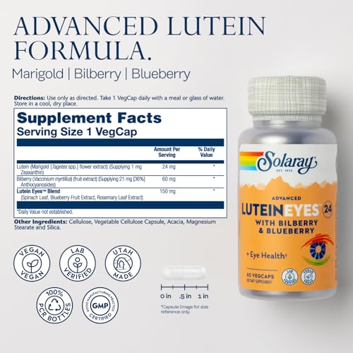 Image of SOLARAY Advanced Lutein Eyes 24 mg - Lutein and Zeaxanthin Supplements - Eye Health Support with Blueberry and Bilberry Extract - Vegan, 60-Day Guarantee, Lab Verified - 60 Servings, 60 VegCaps