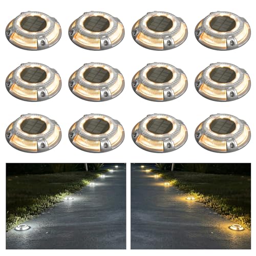 addlon Solar Dock Lights Outdoor 12 Pack 2 Color Modes LED Deck Marine Waterproof Driveway Marker Lights for Step Sidewalk Stair Garden Pathway Walkway Yard (Warm White/Cool White)