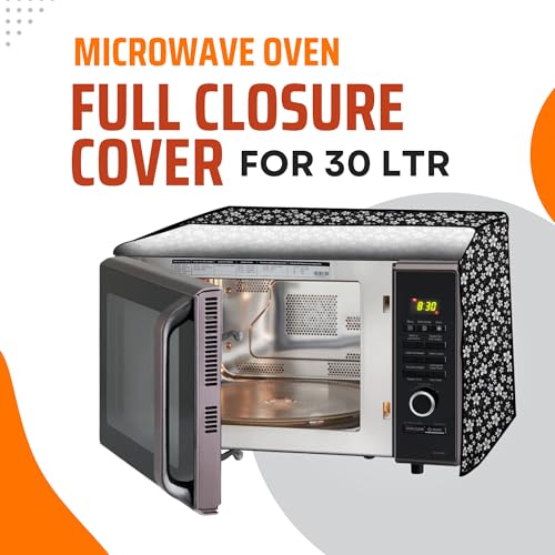 Image of PVC Microwave Oven Cover for IFB 30L 30BRC2 | Full Closure Zip | Waterproof & Dustproof | Attractive Digital Print | Wipe Clean | Stain Resistant | 48 x 53 x 34 cm | Black Flower Design