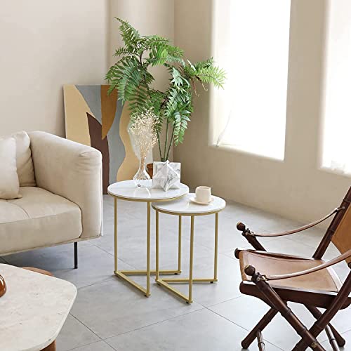 Image of Marble Top Side Table Gold 2 Nesting Small Sofa End Table Round Bedside High Gloss Sintered Marble Tabletop Golden Metal Leg Nested Accent Table Living Room Office (Style-3)