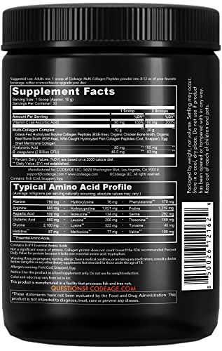 Codeage Multi Collagen Peptides + Probiotics Black Edition, Vitamin C, Hyaluronic Acid Powder Supplement, Grass-Fed, Pasture-Raised, Hydrolyzed, Zero Carbs, Type I, Ii, Iii, V & X, Unflavored, 10.58Oz #TOP3