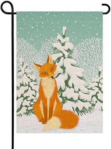 Uanvaha Winter Fox Outdoor Garden Flag Cute red Animal Sitting Snowy Christmas Fir Tree Vertical Burlap House Flags 12.5X18 Double Sided Patio Lawn Party Decorations