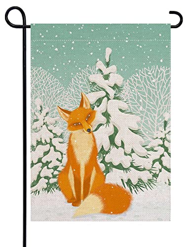 Uanvaha Winter Fox Outdoor Garden Flag Cute Red Animal Sitting Snowy Christmas Fir Tree Vertical Burlap House Flags 12.5X18 Double Sided Patio Lawn Party Decorations #TOP25