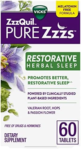 ZzzQuil Pure Zzzs Restorative Herbal Sleep, Tablets, Free of Drugs and Hormones, Melatonin-Free Formula, Valerian Root, Hops, Passion Flower, Sleep Aids for Adults, 60 Count