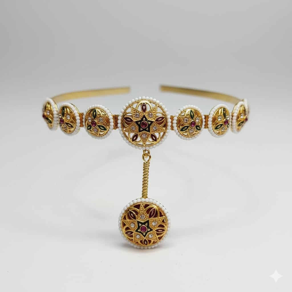 DIVAART Gold Plated Rajasthani Borla Matha Patti Headband with Kundan & Meenakari Work | Traditional Indian Maang Tikka Headpiece for Women & Girls | Ethnic Bridal Wedding Jewelry