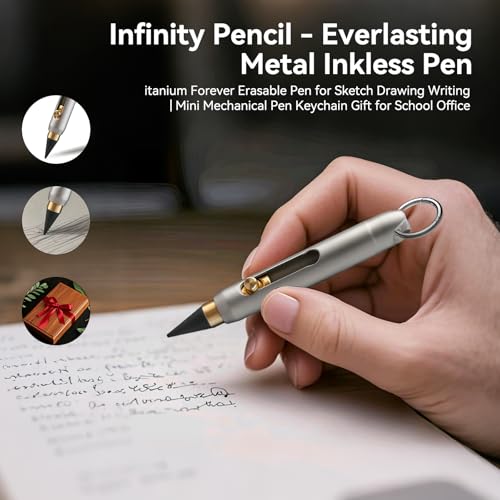Infinity Pencil - Everlasting Metal Inkless Pen, Titanium Forever Erasable Pen for Sketch Drawing Writing | Mini Mechanical Pencil Keychain Gift for School Office
