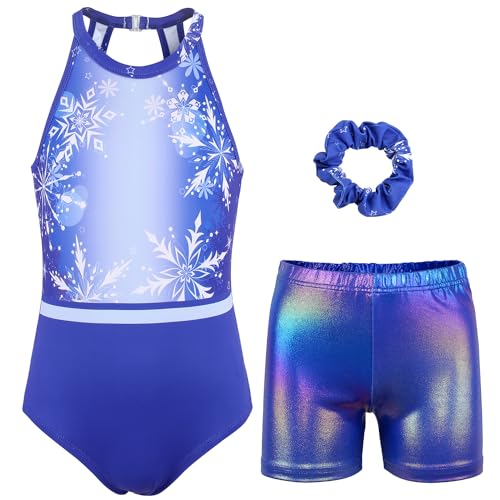 Gymnastics Leotards for Girls With Shorts Clasp Back Activewear | Stretchy breathable fabric,sparkly Diamonds&prints,matching Shorts&Hair tie for girls dance/ballet, machine wash,4-13Years