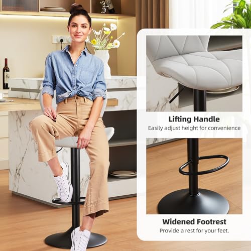 Butacos ajustables para barra, set de 2 unidades, giratorios con respaldo alto, tapizados en cuero sintético, con mecanismo de elevación neumática, estilo moderno para isla de cocina, comedor y bar en casa o cafetería, color gris miniatura 5
