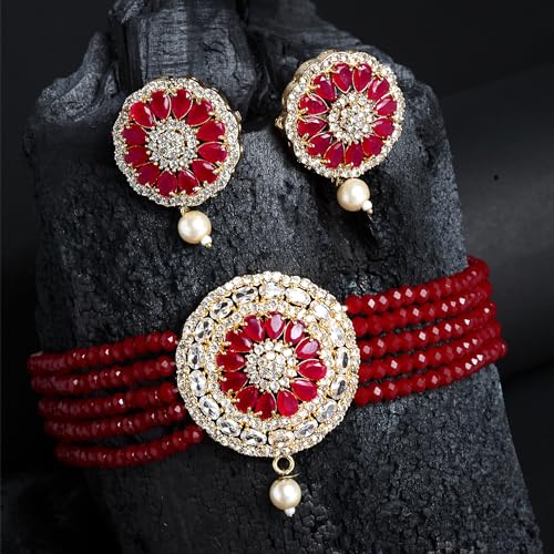 American Diamond Plated Brass Pearl Choker Necklace (Maroon)
