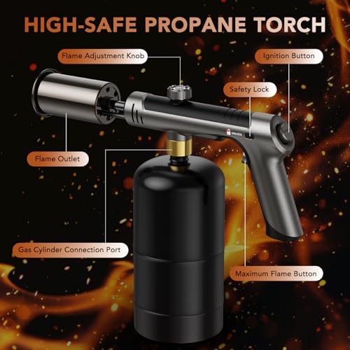 Image of Propane Torch Gun with Safety Lock and One-Touch Max Fire - Adjustable Kitchen Cooking Torch & Flame Thrower for BBQ, Grilling, Sous Vide, Searing, Campfire Starter (Tank Not Included)