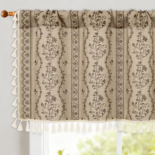 Image of Yinhua Boho Valance Curtains Vintage Linen Kitchen Valances for Windows Light Filtering Bohemian Floral Valance Rod Pocket Tassel Window Valances for Bathroom Cafe, 52 inch W X 18 inch L, Beige Brown